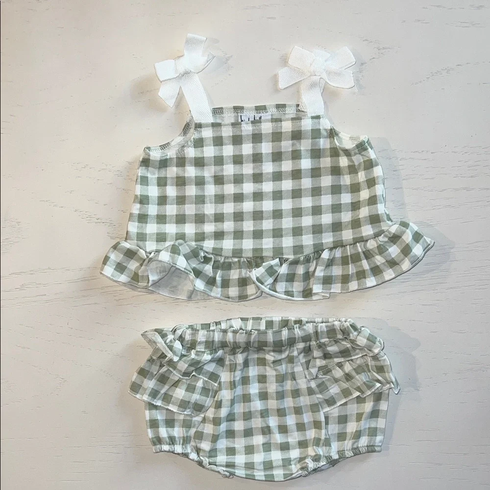 Nicole Miller 4 Piece Set Gingham Peaches Bubble Romper Hat 12 18 24 months